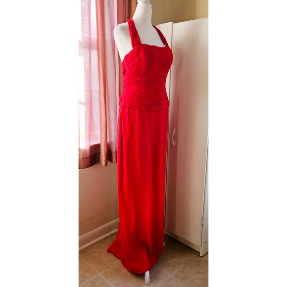 Size 10 Niteline Della Roufogali Red Halter Strap Ruched Bodice Elegant Formal - Picture 13 of 16